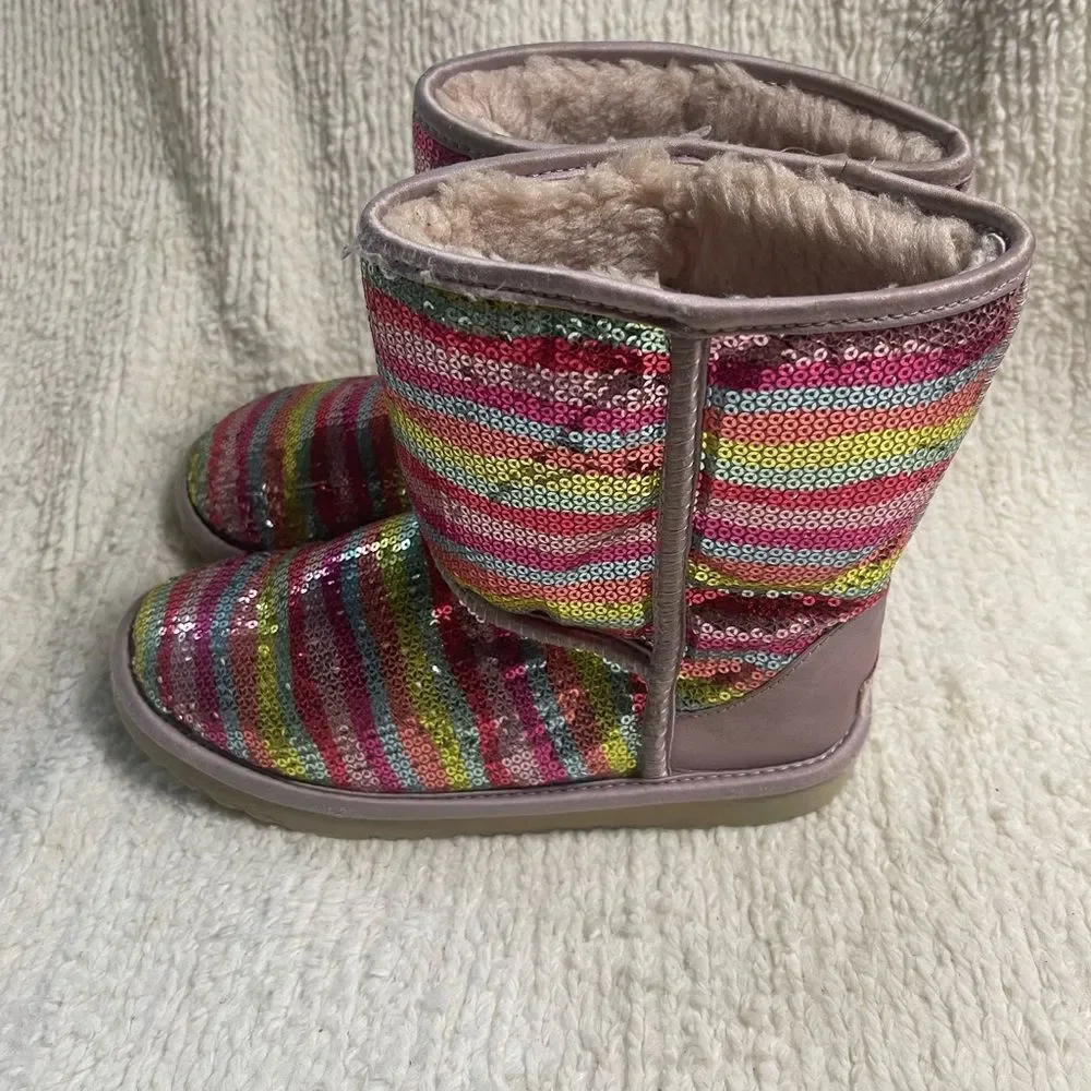 UGG sparkle Sequins Rainbow kids Boots leather blush pink trims  fur lining SZ6